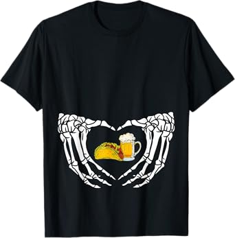Funny Skeleton Heart Hand Halloween Beer Tacos Men Women T-Shirt