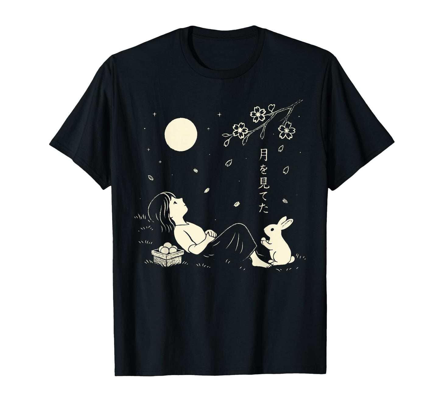 Girl & Rabbit Full Moon Cherry Blossom Japanese Harajuku T-Shirt