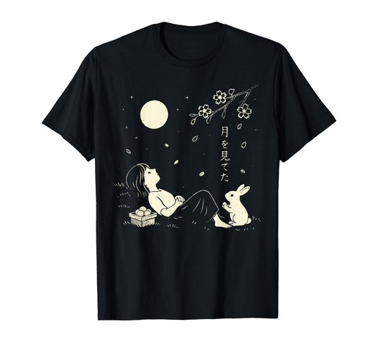 Girl & Rabbit Full Moon Cherry Blossom Japanese Harajuku T-Shirt