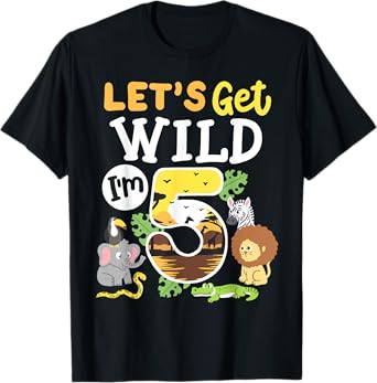 Jungle Safari Let's Get Wild 5th Birthday Zoo 5 Year Old Kid T-Shirt