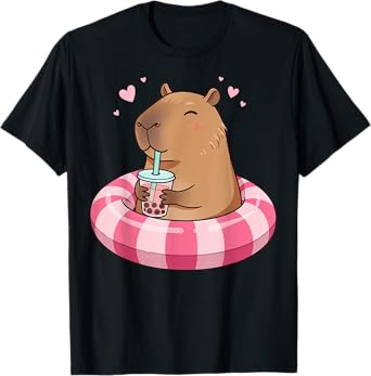 Capybara On Pool Float Drinking Boba Bubble Tea Kids Girls T-Shirt