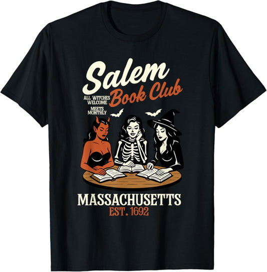 Vintage Salem Book Club Black Cat Bookish Spooky Halloween T-Shirt