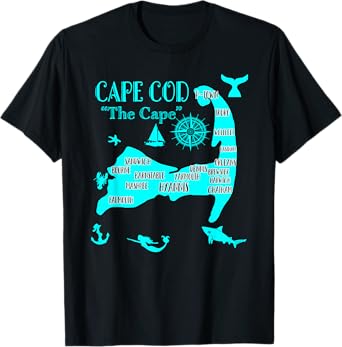 Cape Cod Aqua Blue Nautical Symbols Fish Map T-Shirt