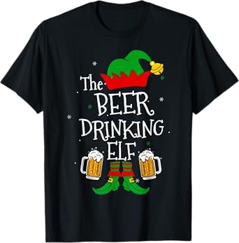 The Beer Drinking Elf Matching Family Drinker Merry Xmas Day T-Shirt