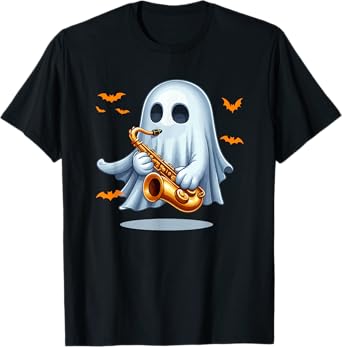 Boo Ghost Playing Saxophone Halloween Musical Instrument T-Shirt
