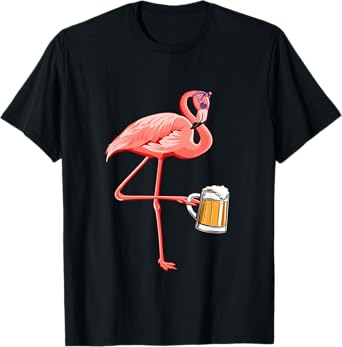 Flamingo Bow Tie Sunglasses Drinking Beer Costume Drinker T-Shirt