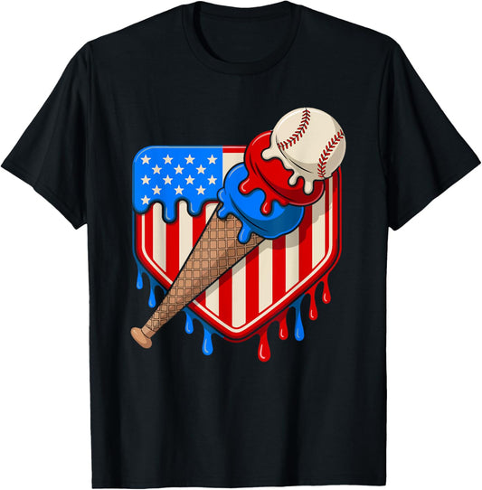 Baseball Drip 4th Of July Usa Flag Ice Cream Drip Baseball T-shirt