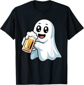 Ghost Drinking Beer Funny Halloween Pizza Lover Mens Women T-Shirt