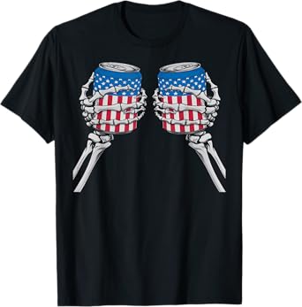 Beer Skeleton Hand Funny 4th of July AmeriCan Patriotic T-Shirt