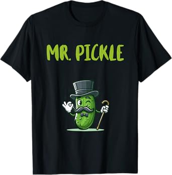 Foodie Design Mr. Pickle T-Shirt - Men's Unisex-Adults Black Small Classic Fit Short Sleeve Pickle-Themed T-Shirt