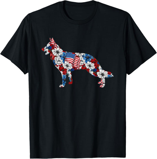 German Shepherd 4th Of July Flower American Flag Patriotic T-shirt