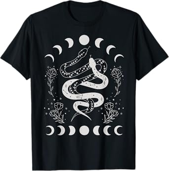 Snake And Moon Phases Celestial Floral Witchy Halloween T-Shirt