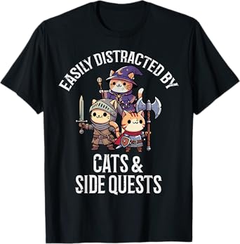 Gamer Easily Distracted By Cats Side Quests Men Boys Kids T-Shirt