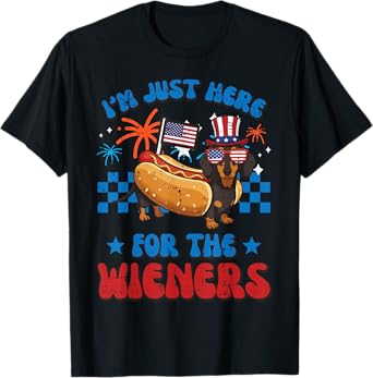 4th Of July Dog Here For Wieners Dachshund Hotdog Men Women T-Shirt