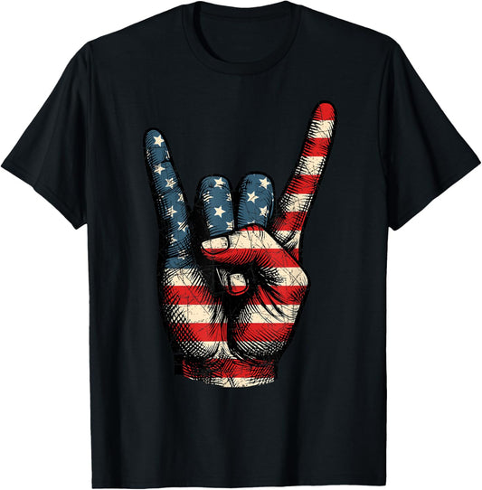 Retro Merica Rock Sign 4th Of July Vintage Usa American Flag T-shirt