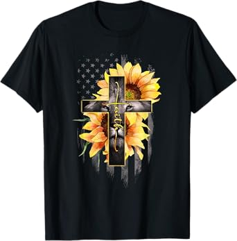 Faith Cross Christian Lion Sunflower American Flag T-Shirt