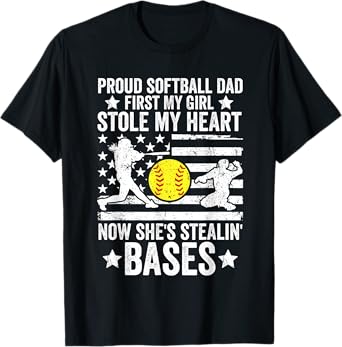 Softball Dad Girl Stole My Heart Stealing Bases Fathers Day T-Shirt