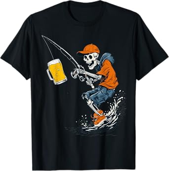 Funny Skeleton Fishing Need Beer Reel Scared Drinking Lover T-Shirt