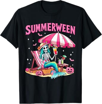 Funny Skeleton Summerween Mermaid Beach Halloween Girl T-Shirt