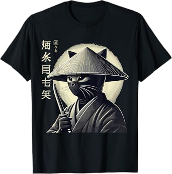 Samurai Cat Graphic Tee Warrior Vintage Japanese Art Anime T-Shirt for Men Women