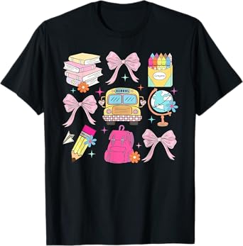 First Day of School Coquette Bow Bus Crayon Pencil Cute Girl T-Shirt