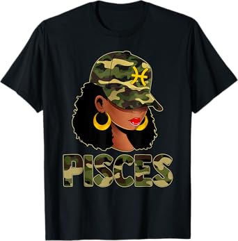 Pisces Queen Camouflage Black Woman Cap Zodiac Sign T-Shirt