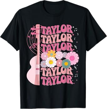 Girl Retro Taylor First Name Personalized Groovy 80's T-Shirt