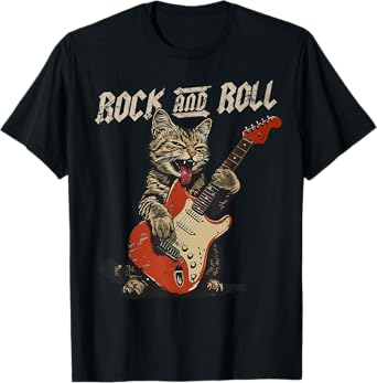Rock and Roll Guitar Cat Vintage ROCK Guitarist Cat T-Shirt for Men Women Girls Kids