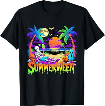 Summerween Skeleton Ghost Beach Funny Spooky Halloween T-Shirt