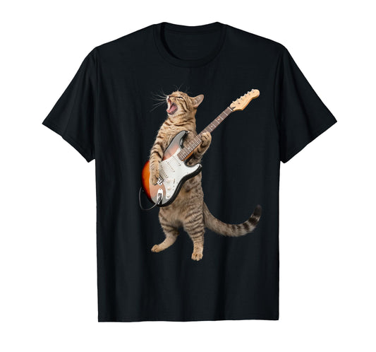 Cat Playing Guitar Shirt Kids Men Women Rock And Roll Band T-Shirt