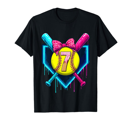 Softball 7 Years Old Ice Cream Drip 7th Birthday Girl T-Shirt