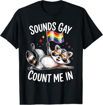 Funny LGBT Ally Raccoon Holding a Rainbow Flag LGBT Support T-Shirt