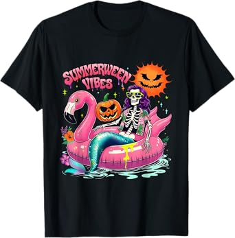 Summerween Vibes Spooky Summer Mermaid Skeleton Halloween T-Shirt