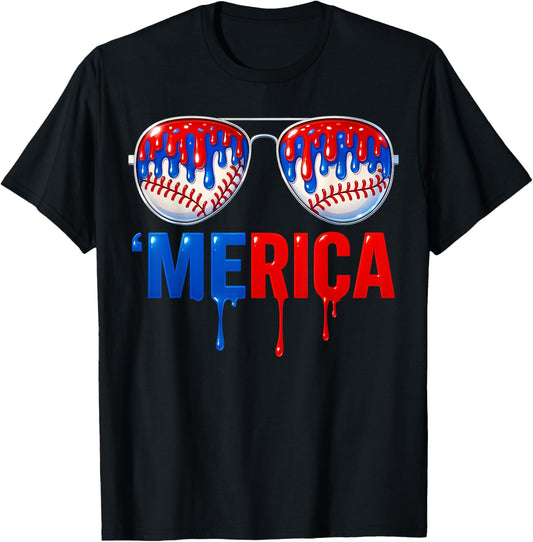 Baseball Drip Merica Ice Cream Patriotic 4th Of July T-shirt