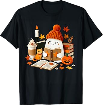 Cute Ghost Cat Reading Book Lovers Halloween Women Girls T-Shirt