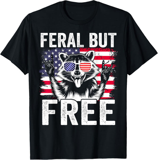 Feral But Free Racoon Funny 4th Of July Boy Men Usa Flag T-shirt