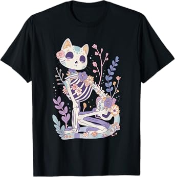 Kawaii Pastel Floral Goth Cute Creepy Cat Skeleton T-Shirt