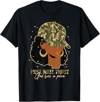 Pray Wait Trust Praying Black Woman Afro Christian Camo T-Shirt