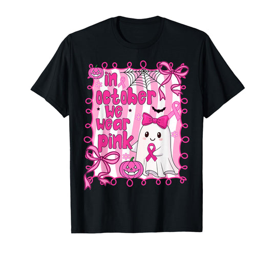 Coquette Cute Ghost In October We Wear Pink Breast Cancer T-Shirt