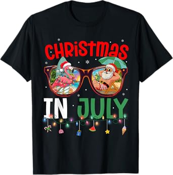 Funny Christmas In July Shirts Girl Womens Flamingo Santa T-Shirt