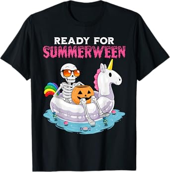 Ready For Summerween Funny Summer Skeleton Unicorn Halloween T-Shirt