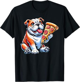Cute English Bulldog Dog Eating Pizza T-Shirt for Men Women Kids