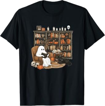 Retro Ghost Reading Books, Librarian Ghost Halloween T-Shirt