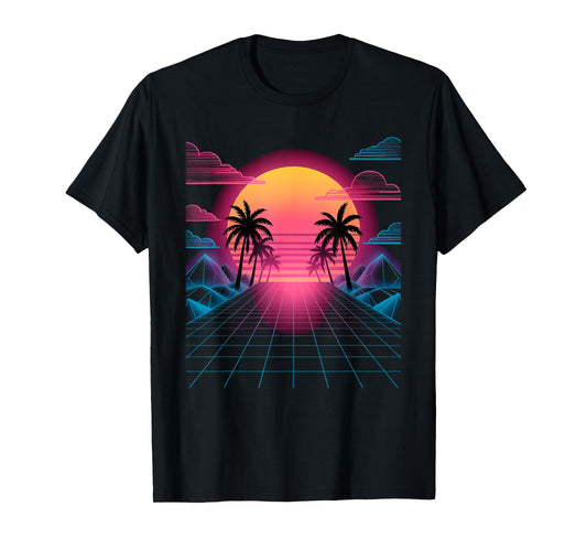 Vaporwave Sunset Grid Retro Digital Landscape in Synthwave T-Shirt