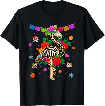Sugar Skull Pink Flamingo Flowers Dia de Muertos Halloween T-Shirt