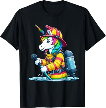 Unicorn Firefighter Fireman Birthday Party Funny Girl Love T-Shirt