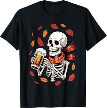 Skeleton Drinking Beer Halloween Autumn Thanksgiving Costume T-Shirt