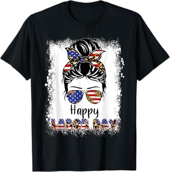 Happy Labor Day Messy Bun Women Vintage USA Flag T-Shirt