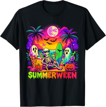 Summer Halloween Skeleton Ghost Beach, Spooky Summerween T-Shirt