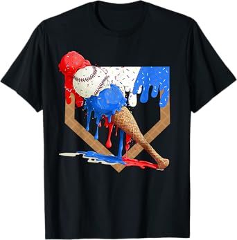 4th of July Red White and Blue Baseball Ice Cream Drip Boys T-Shirt